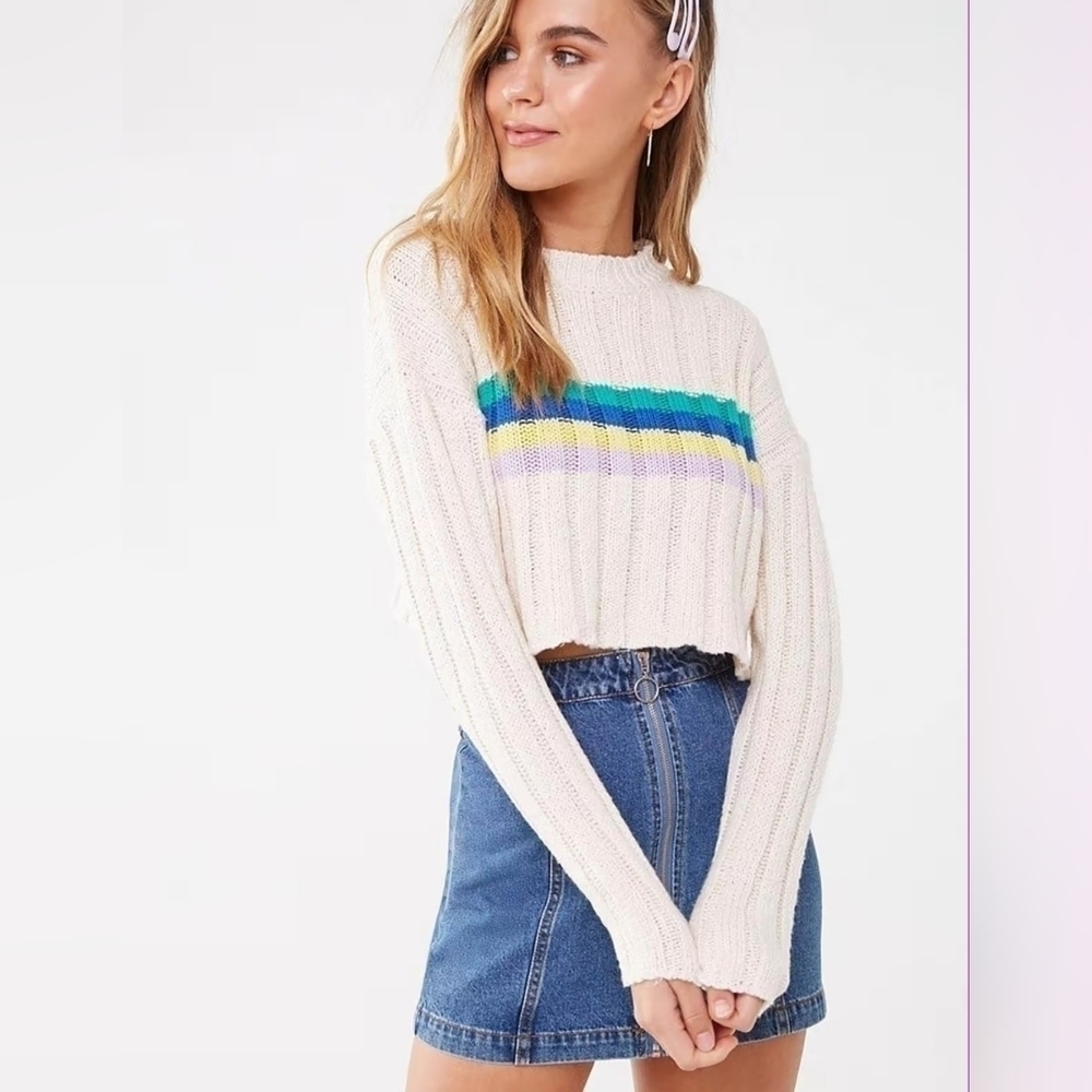 Forever 21 Multi Color Cropped Long Sleeve Knit Pullover Drop Shoulder Sweater